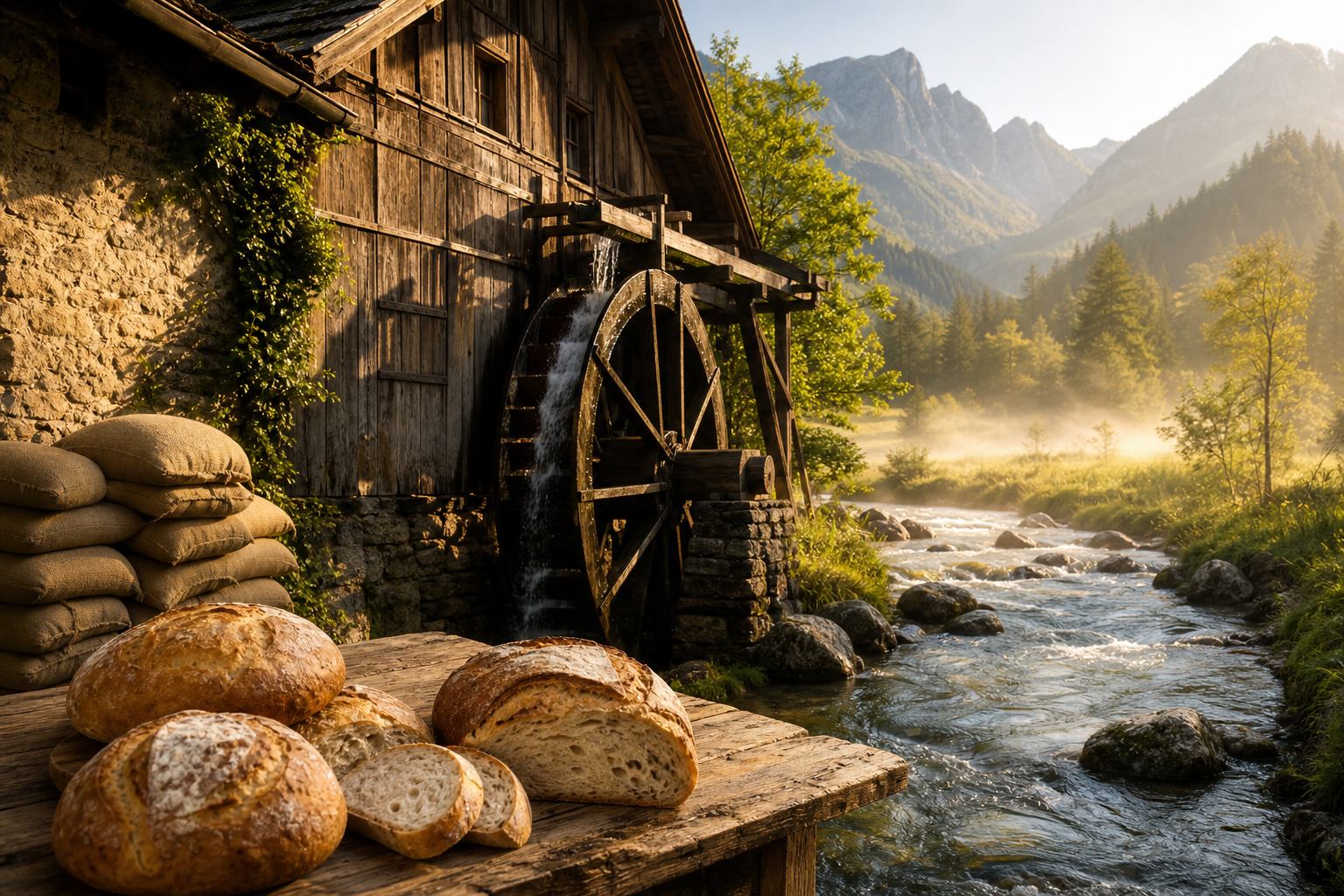 Hölzerne Wassermühle am Bach mit frischem Brot und Getreidesäcken im Morgenlicht
