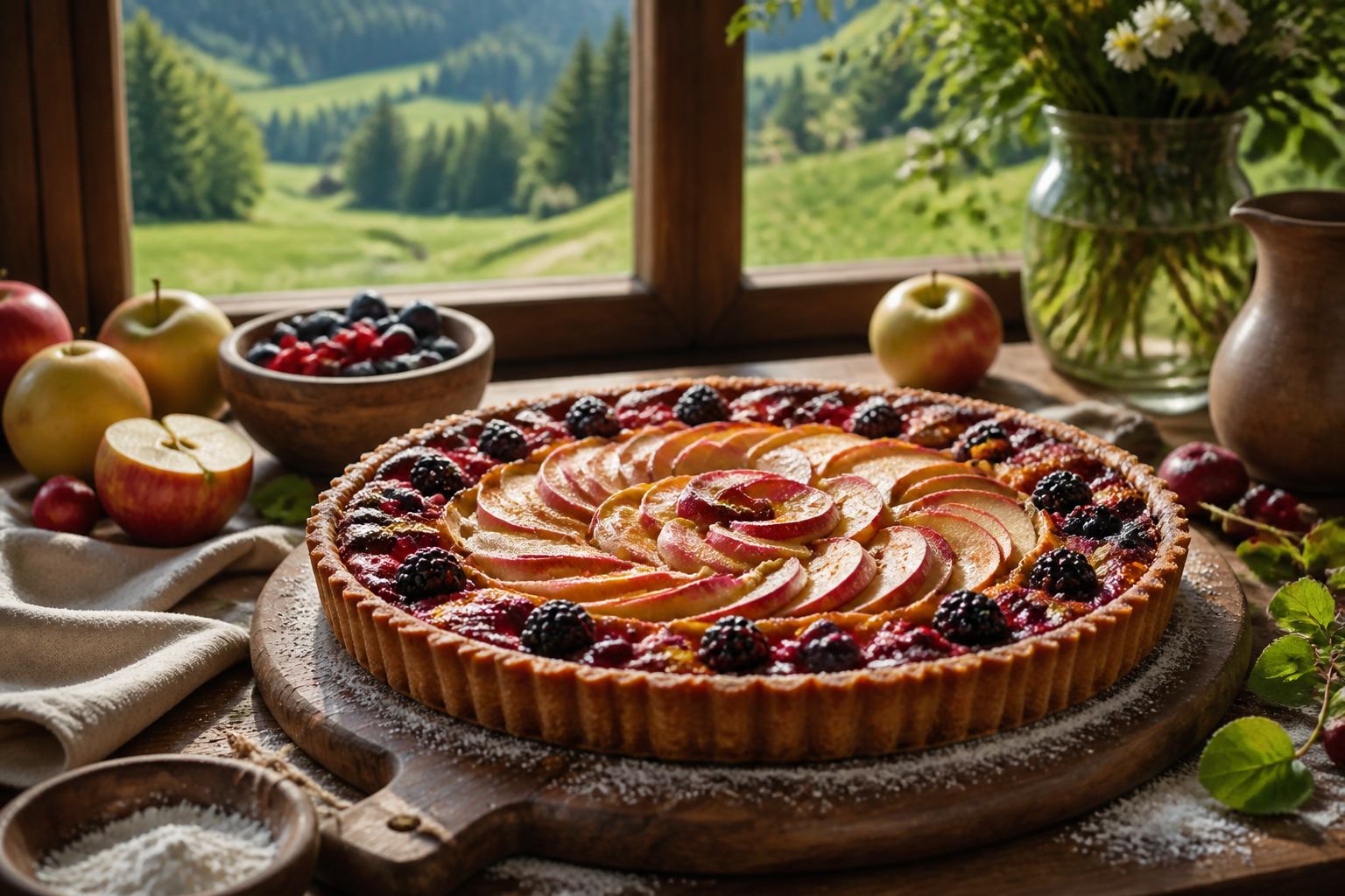 Saisonale Tarte mit Beeren und Apfelstücken auf einem Holztisch