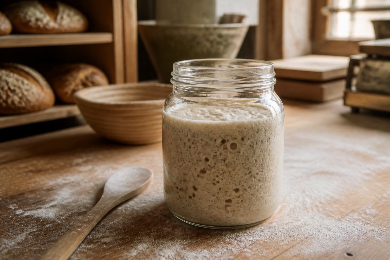 Blubbernder Sauerteig in einer Glasschüssel mit Mehl und Holzspatel